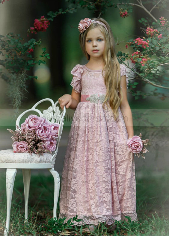 Mauve Lace Floor Length Keyhole Back Country Flower Girl Dress